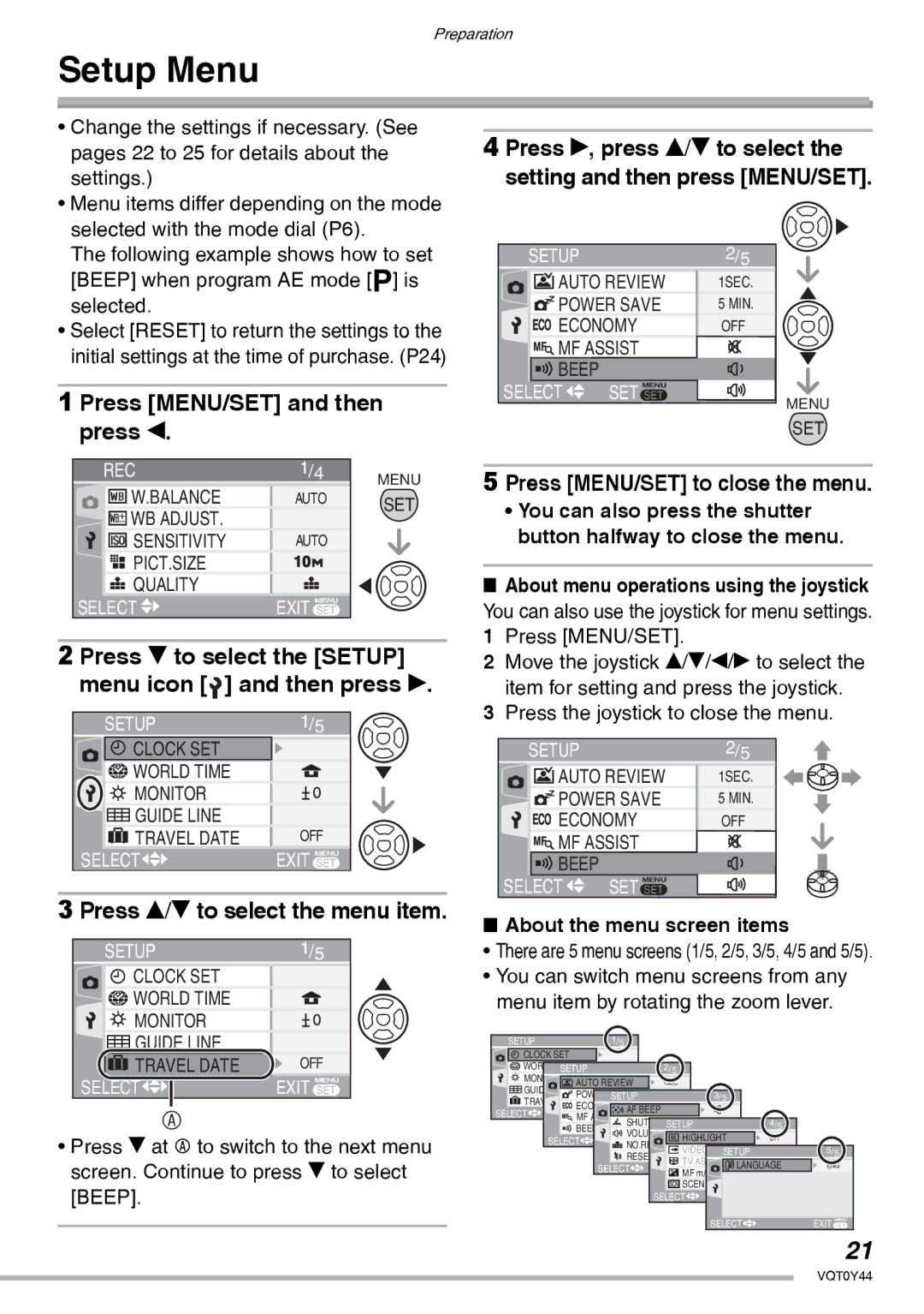 Panasonic DMC-LX2 Setup Menu, Press MENU/SET and then press w, Press r to select the Setup menu icon and then press q 