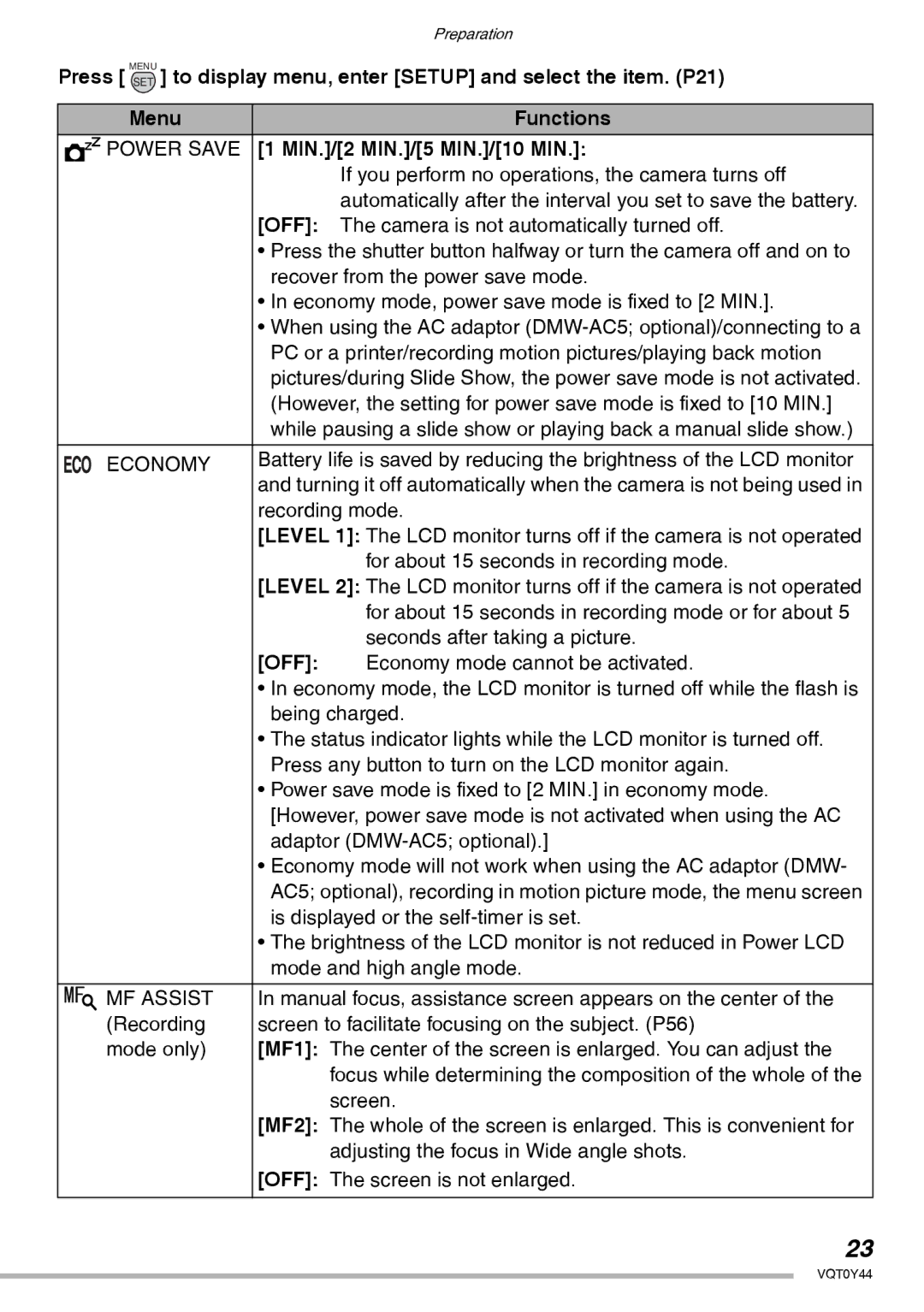 Panasonic DMC-LX2 operating instructions Economy, XMF Assist 