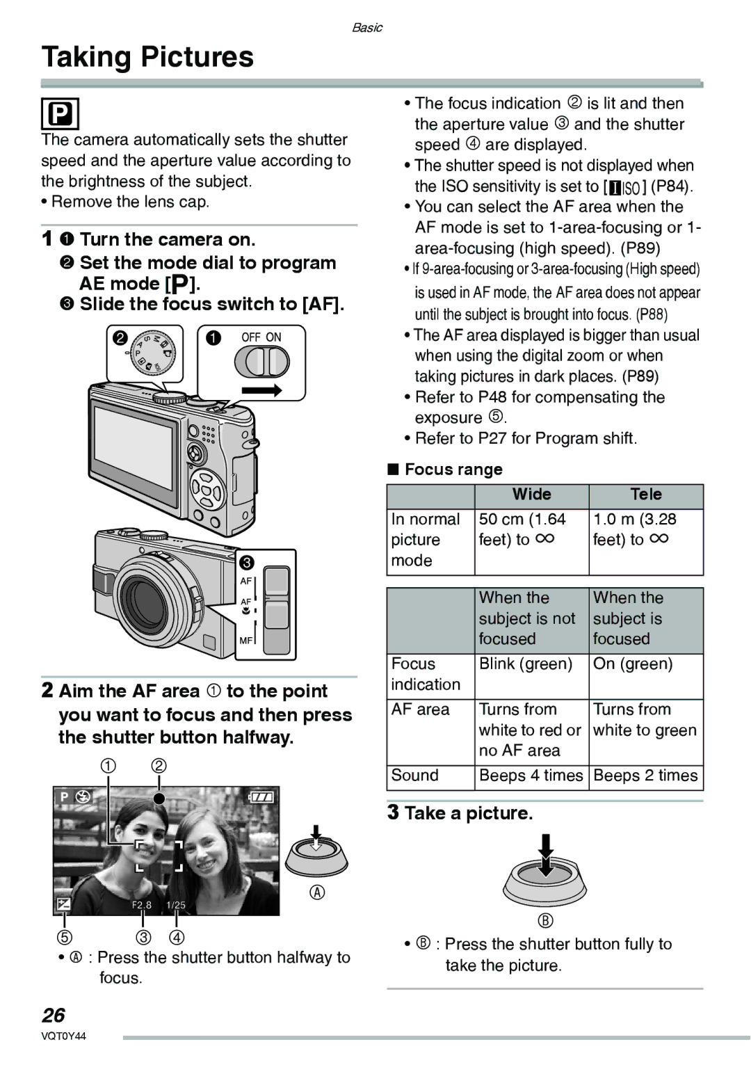 Panasonic DMC-LX2 operating instructions Taking Pictures, Take a picture, Focus range Wide Tele 