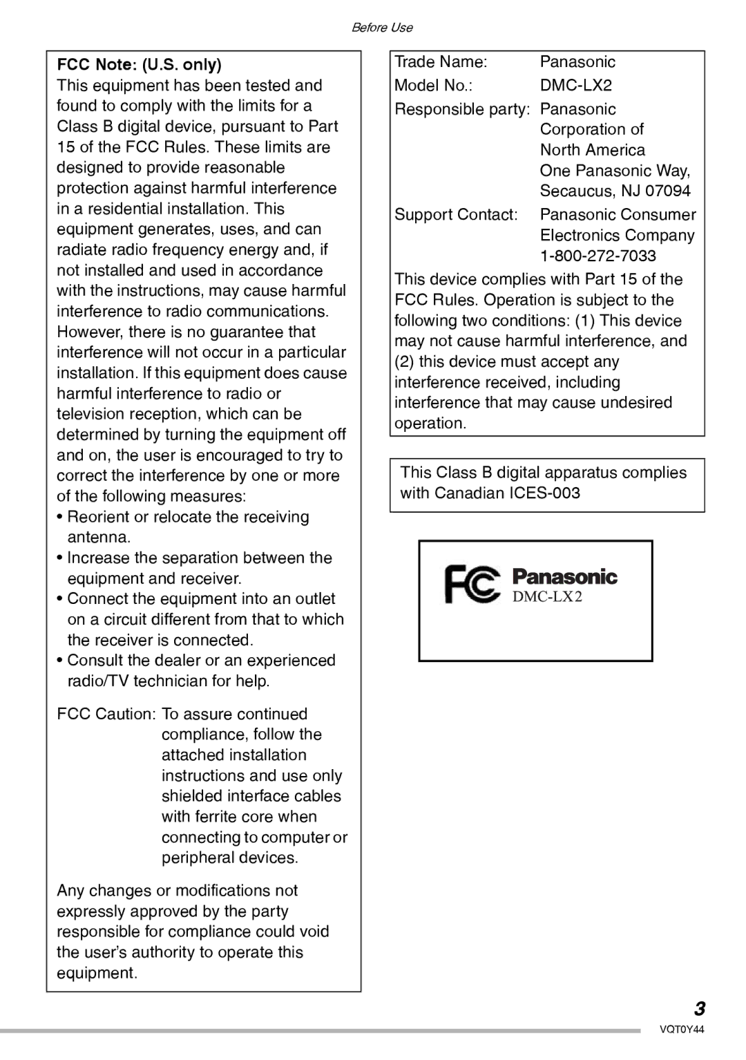 Panasonic DMC-LX2 operating instructions FCC Note U.S. only 