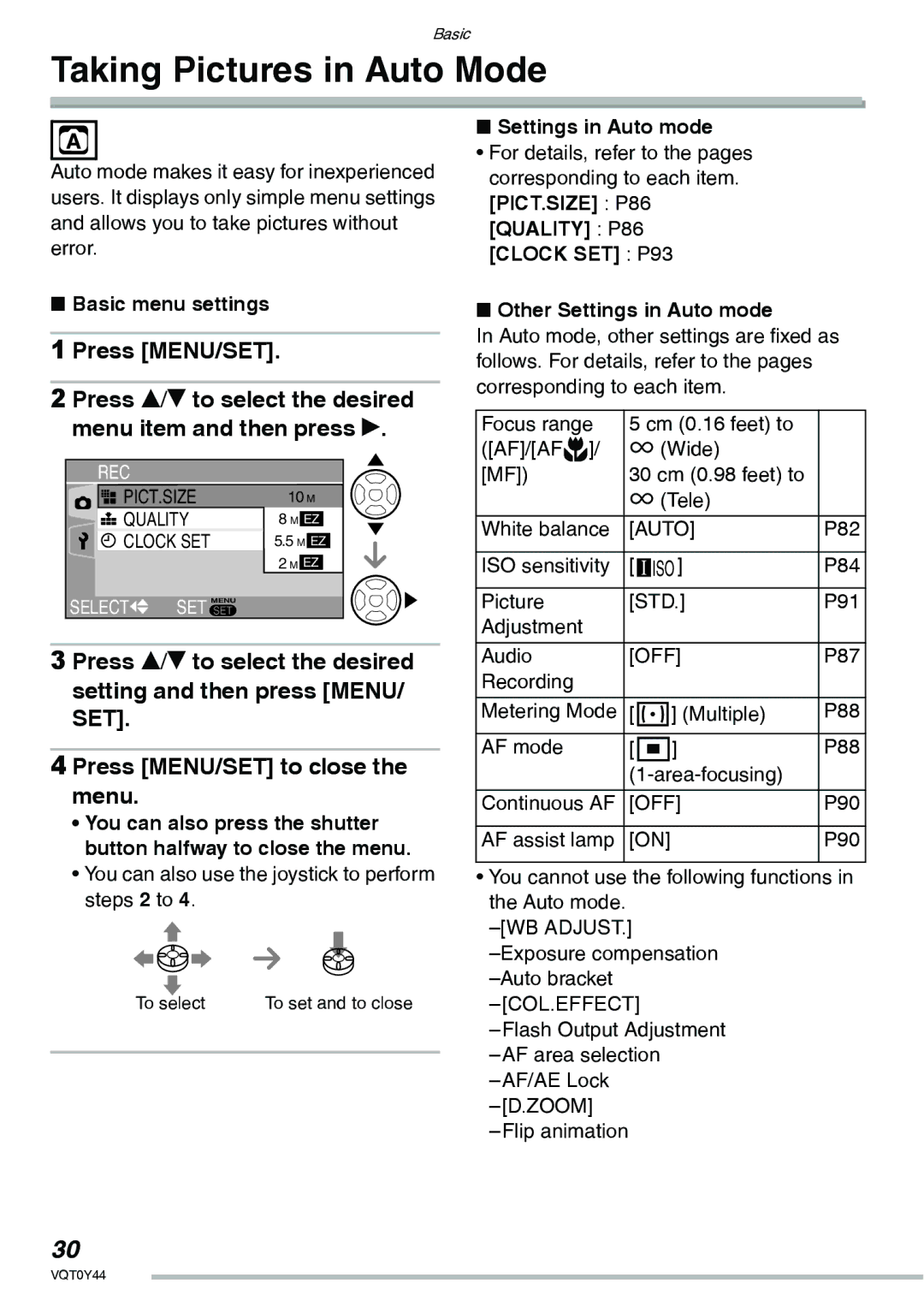 Panasonic DMC-LX2 operating instructions Taking Pictures in Auto Mode, Basic menu settings, Other Settings in Auto mode 