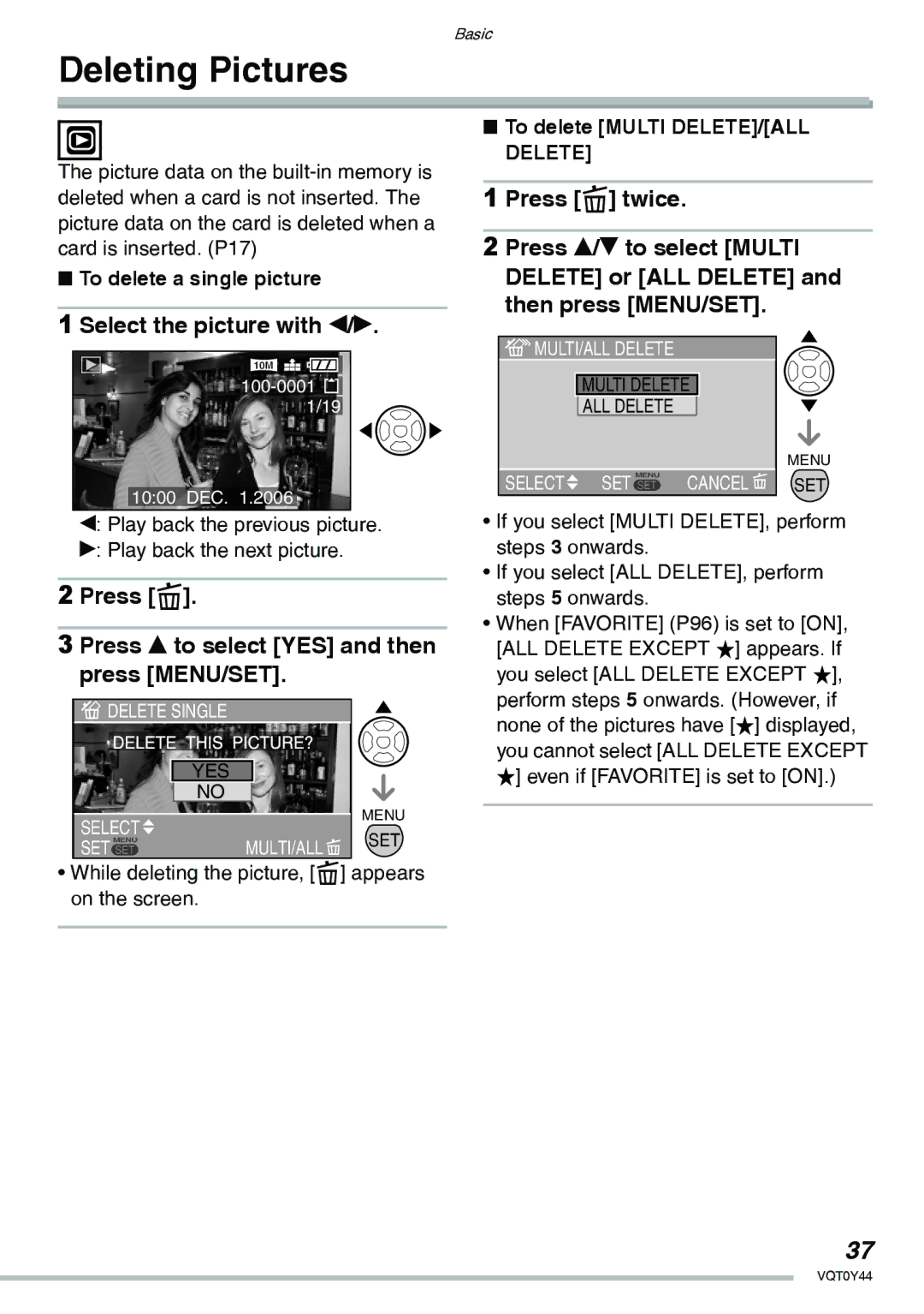 Panasonic DMC-LX2 Deleting Pictures, Select the picture with w/q, Press a Press e to select YES and then press MENU/SET 