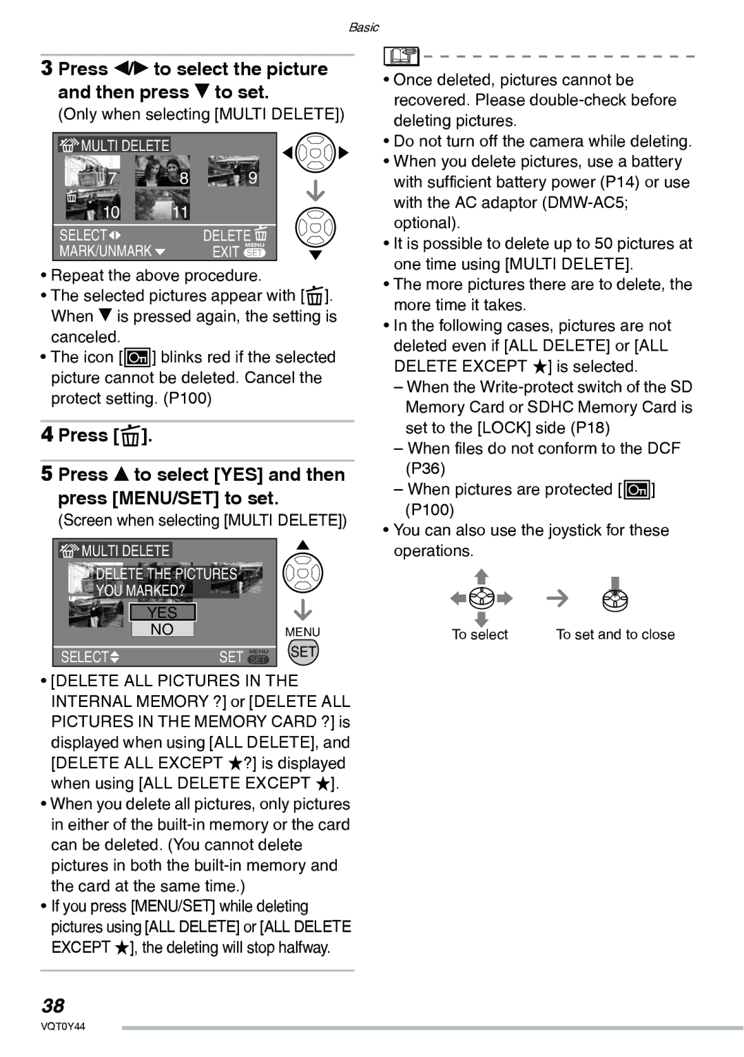 Panasonic DMC-LX2 Press w/q to select the picture and then press r to set, Only when selecting Multi Delete 