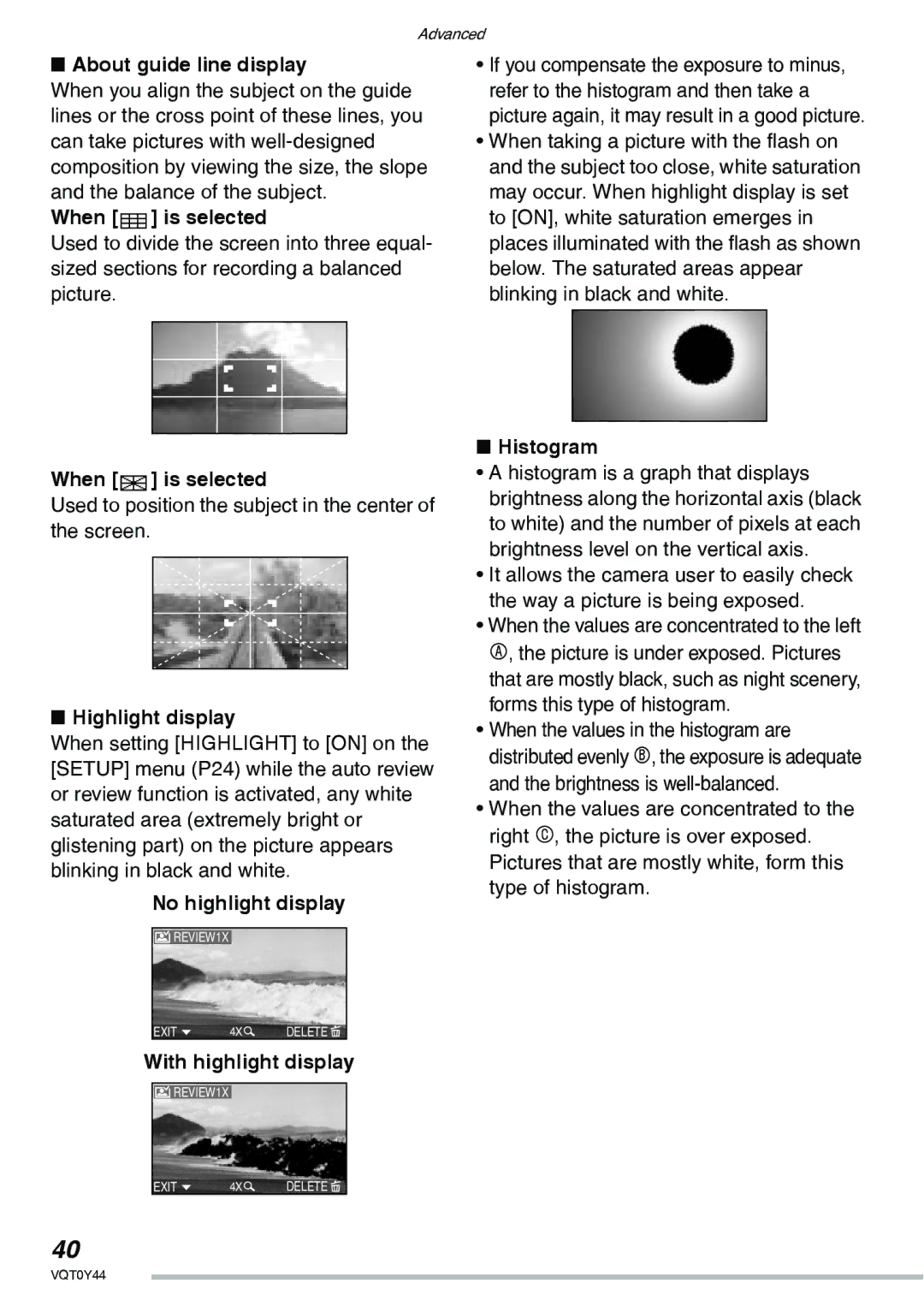 Panasonic DMC-LX2 About guide line display, When is selected, Highlight display, No highlight display, Histogram 