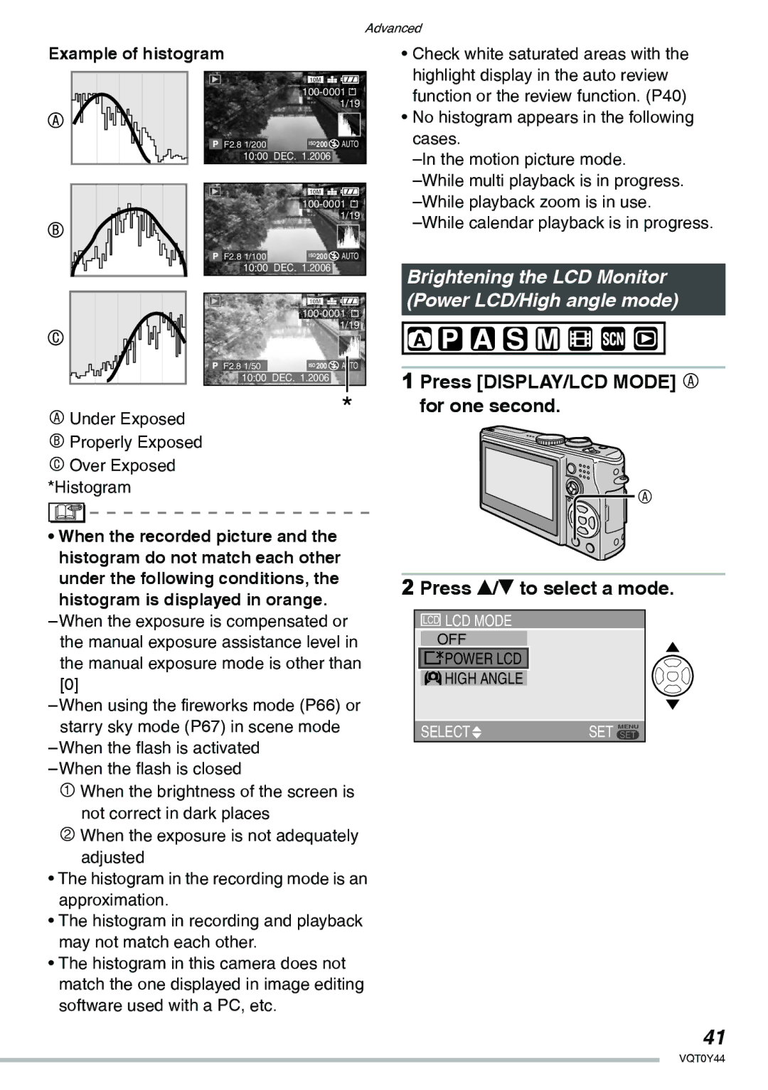 Panasonic DMC-LX2 operating instructions Brightening the LCD Monitor Power LCD/High angle mode, Example of histogram 