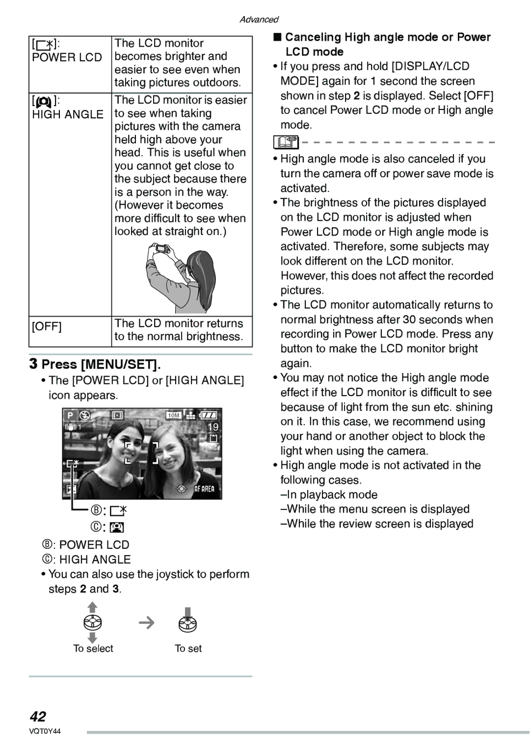 Panasonic DMC-LX2 operating instructions Power LCD High Angle, Canceling High angle mode or Power LCD mode 