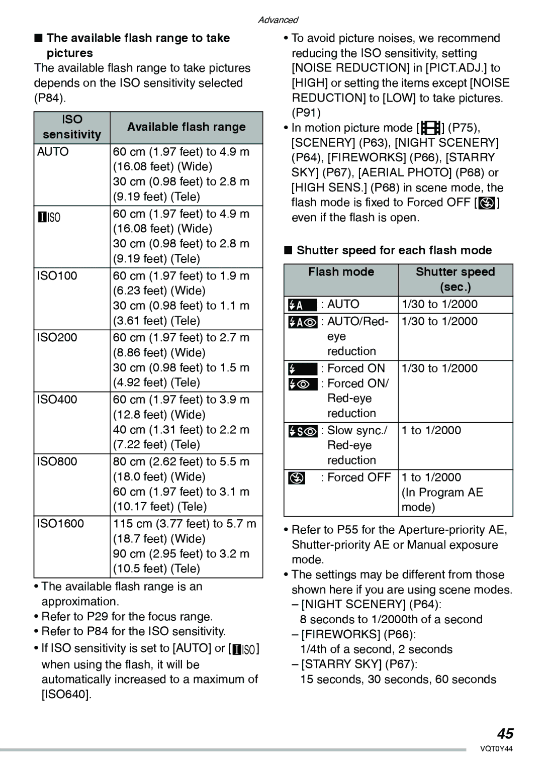 Panasonic DMC-LX2 Available flash range to take pictures, Shutter speed for each flash mode Flash mode Sec 