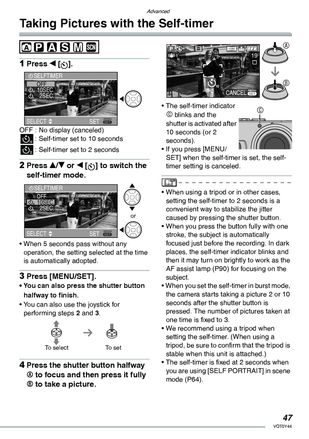 Panasonic DMC-LX2 Taking Pictures with the Self-timer, Press w, Press e/r or w to switch the self-timer mode 