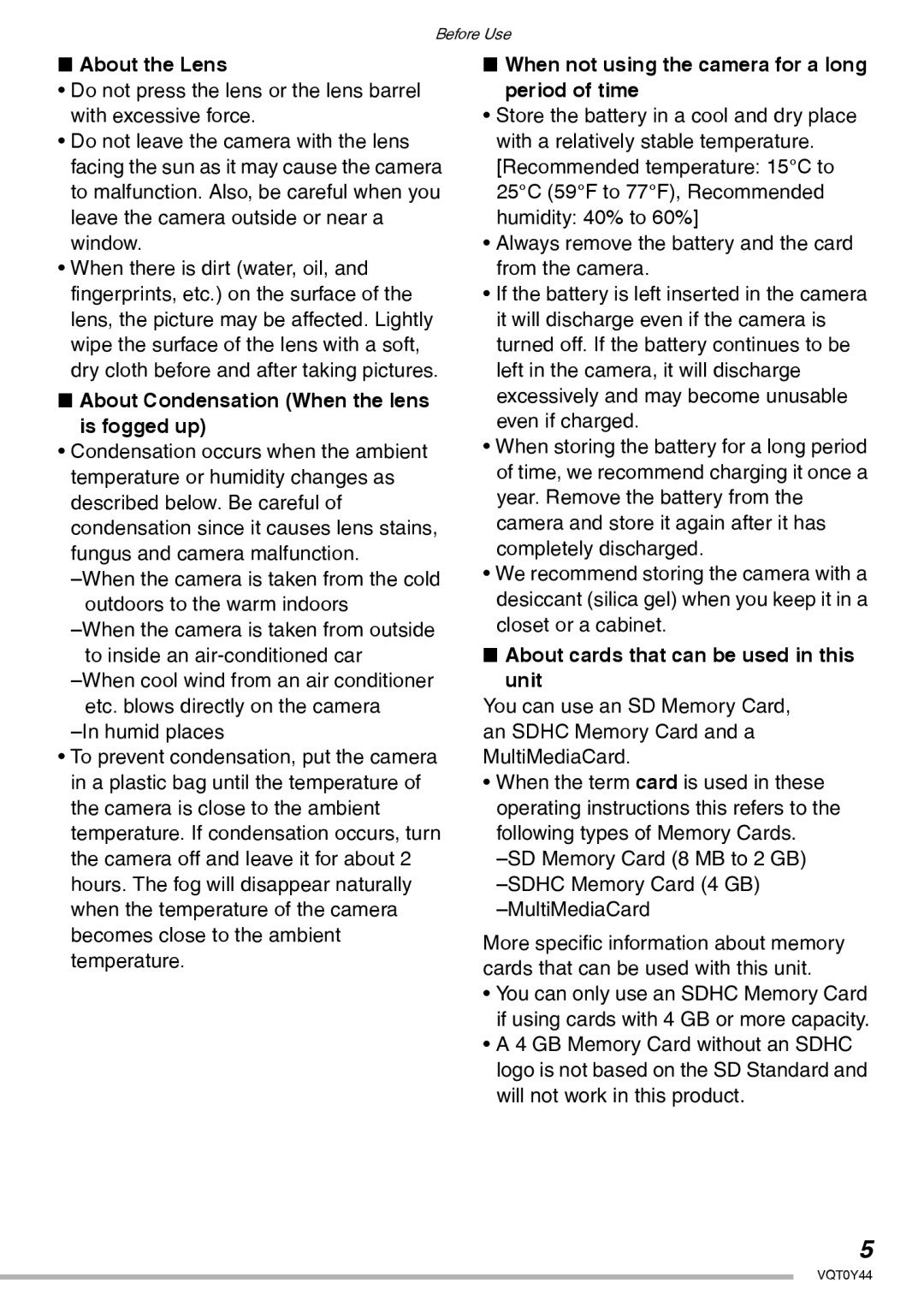 Panasonic DMC-LX2 About the Lens, About Condensation When the lens is fogged up, About cards that can be used in this Unit 