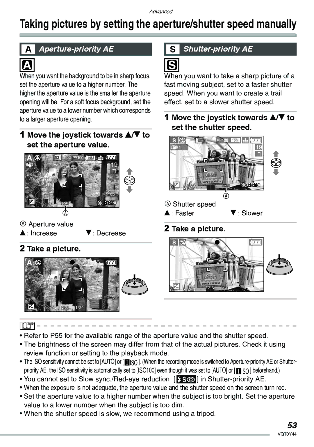 Panasonic DMC-LX2 Aperture-priority AE Shutter-priority AE, Move the joystick towards e/r to set the aperture value 