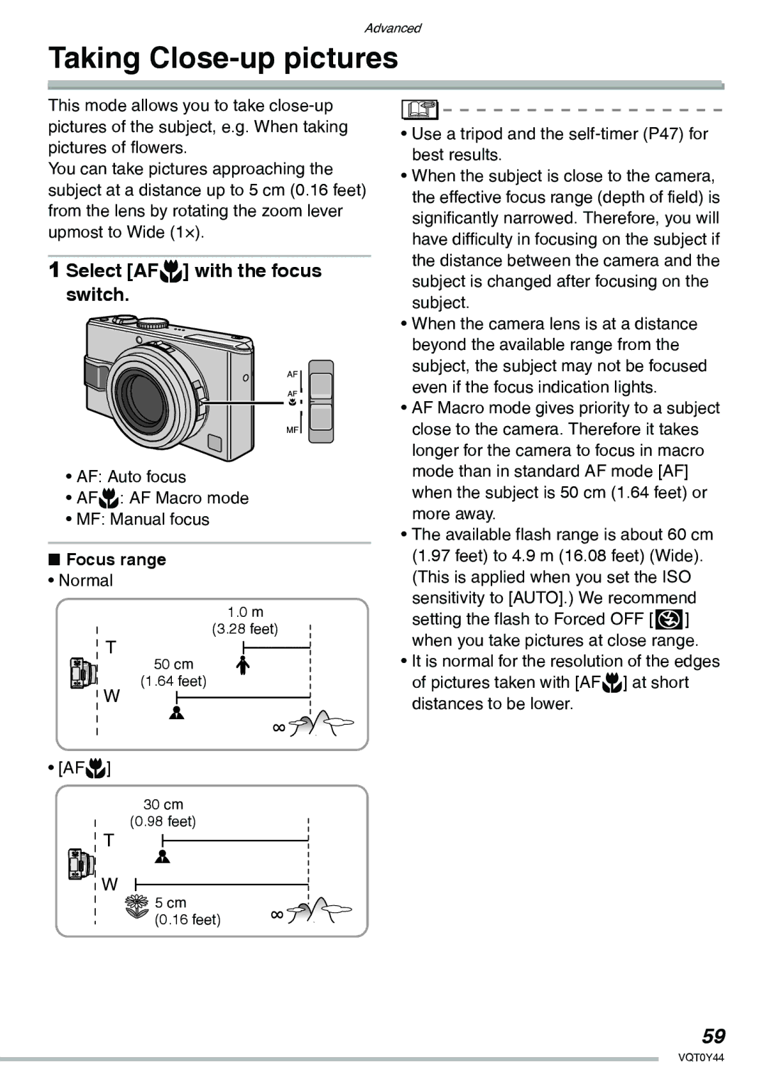 Panasonic DMC-LX2 operating instructions Taking Close-up pictures, Select AFw with the focus switch, Focus range 