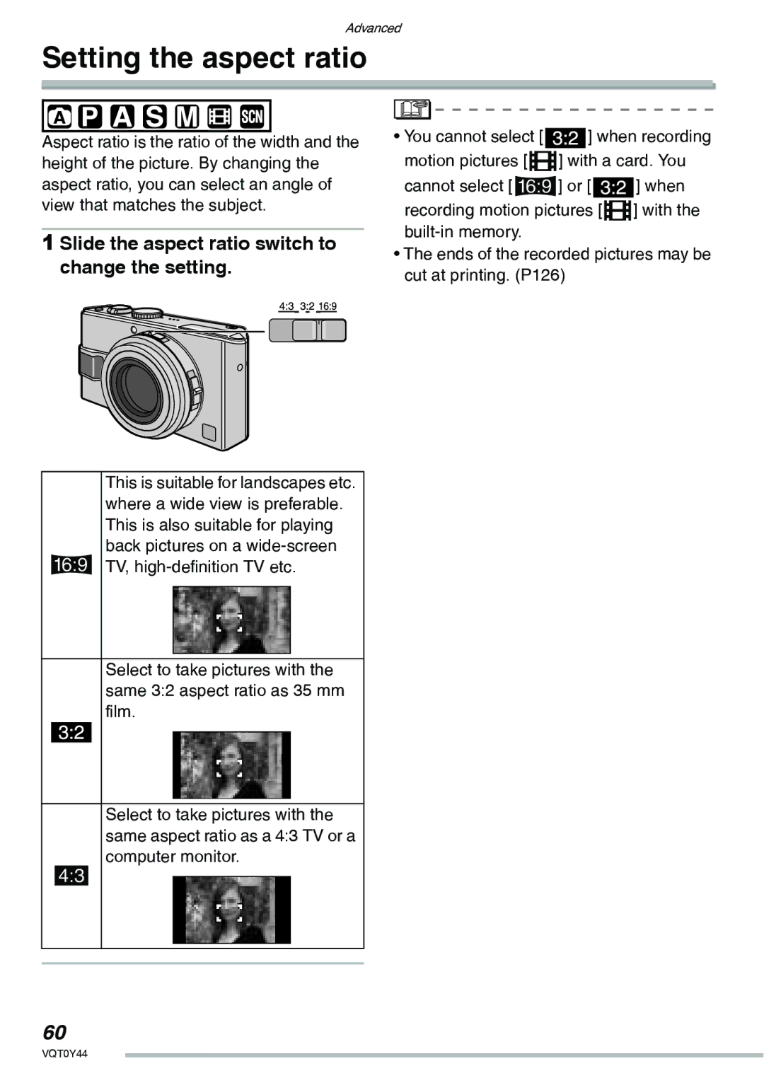 Panasonic DMC-LX2 Setting the aspect ratio, Slide the aspect ratio switch to change the setting, Computer monitor 