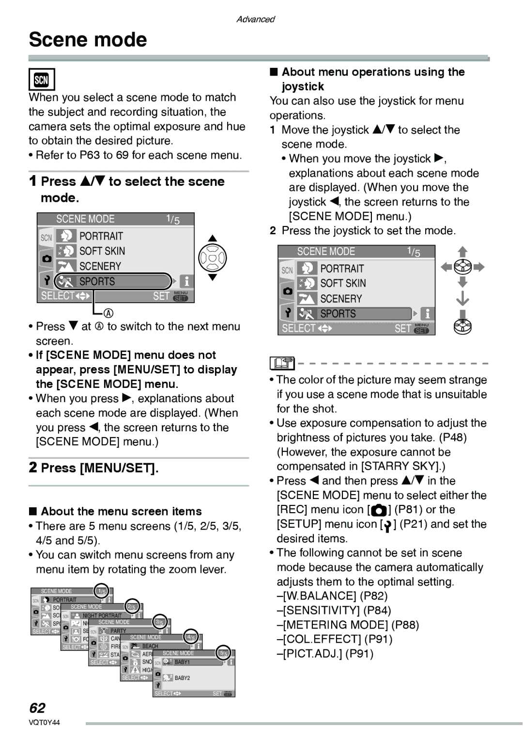 Panasonic DMC-LX2 Scene mode, Press e/r to select the scene mode, Press r at a to switch to the next menu screen 