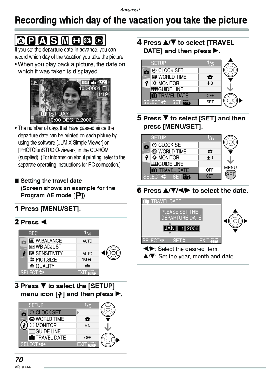 Panasonic DMC-LX2 operating instructions Press e/r to select Travel, Date and then press q, Press r to select SET and then 