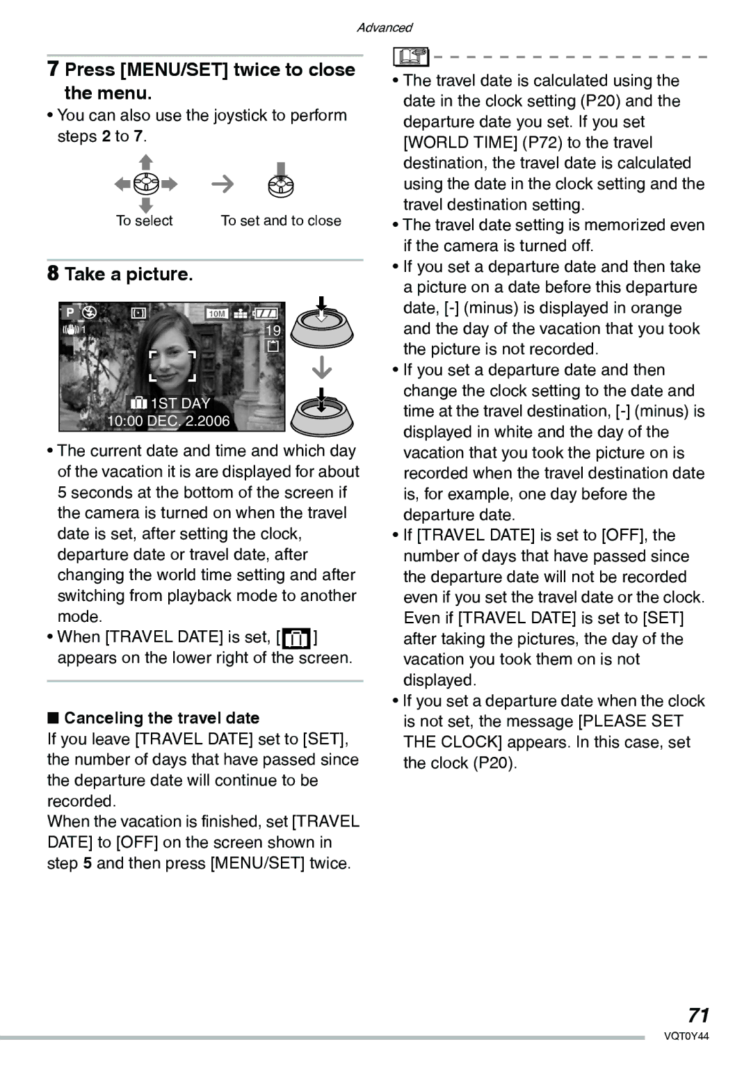 Panasonic DMC-LX2 operating instructions Press MENU/SET twice to close the menu, Canceling the travel date 