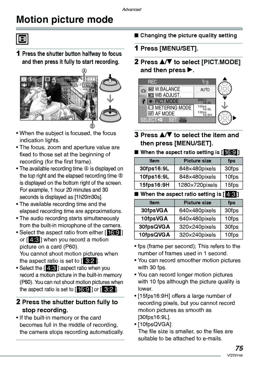 Panasonic DMC-LX2 operating instructions Motion picture mode, Press the shutter button fully to stop recording 