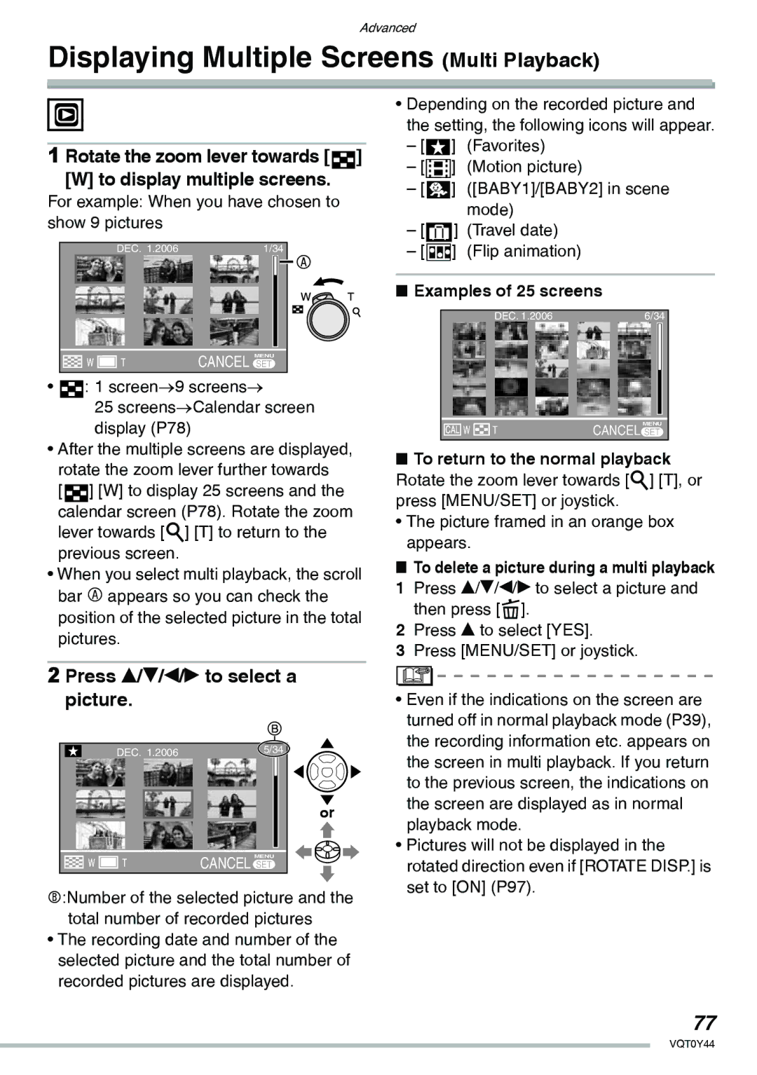 Panasonic DMC-LX2 Displaying Multiple Screens Multi Playback, Rotate the zoom lever towards To display multiple screens 