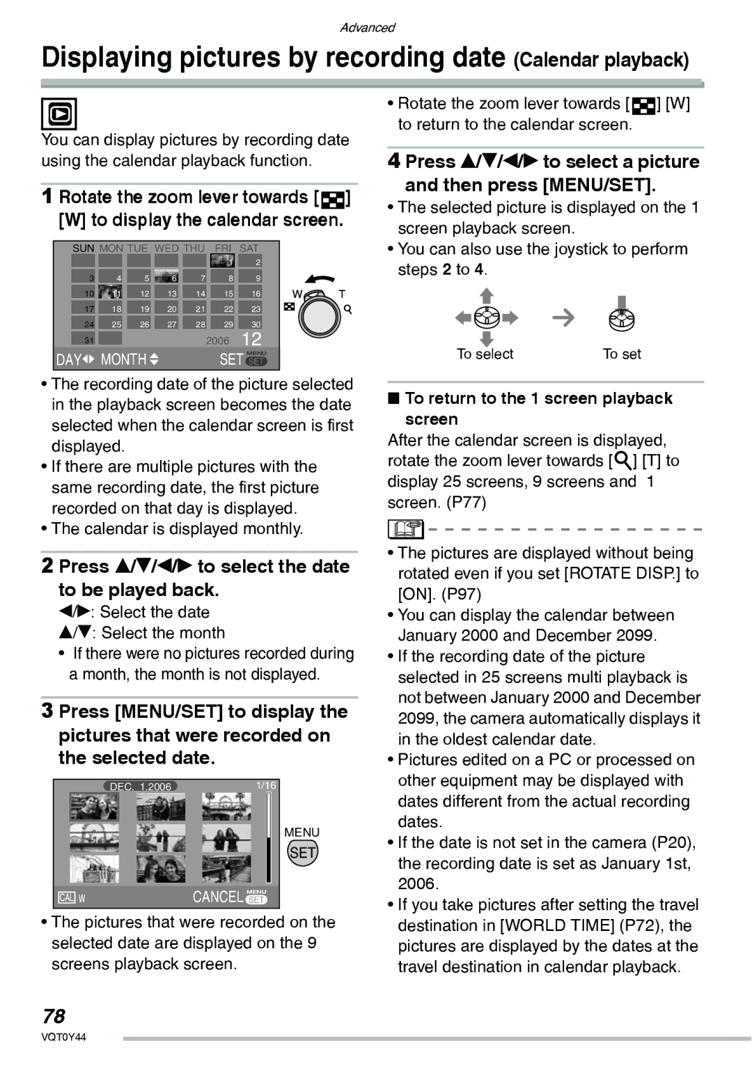 Panasonic DMC-LX2 operating instructions Press e/r/w/q to select the date to be played back, Calendar is displayed monthly 