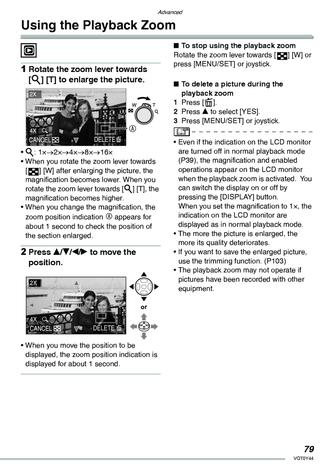 Panasonic DMC-LX2 Using the Playback Zoom, To stop using the playback zoom, To delete a picture during Playback zoom 