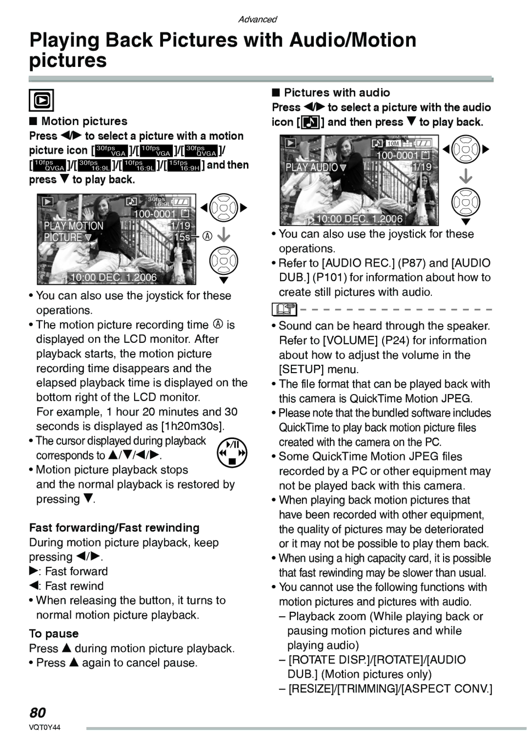 Panasonic DMC-LX2 operating instructions Playing Back Pictures with Audio/Motion pictures, To pause, Pictures with audio 