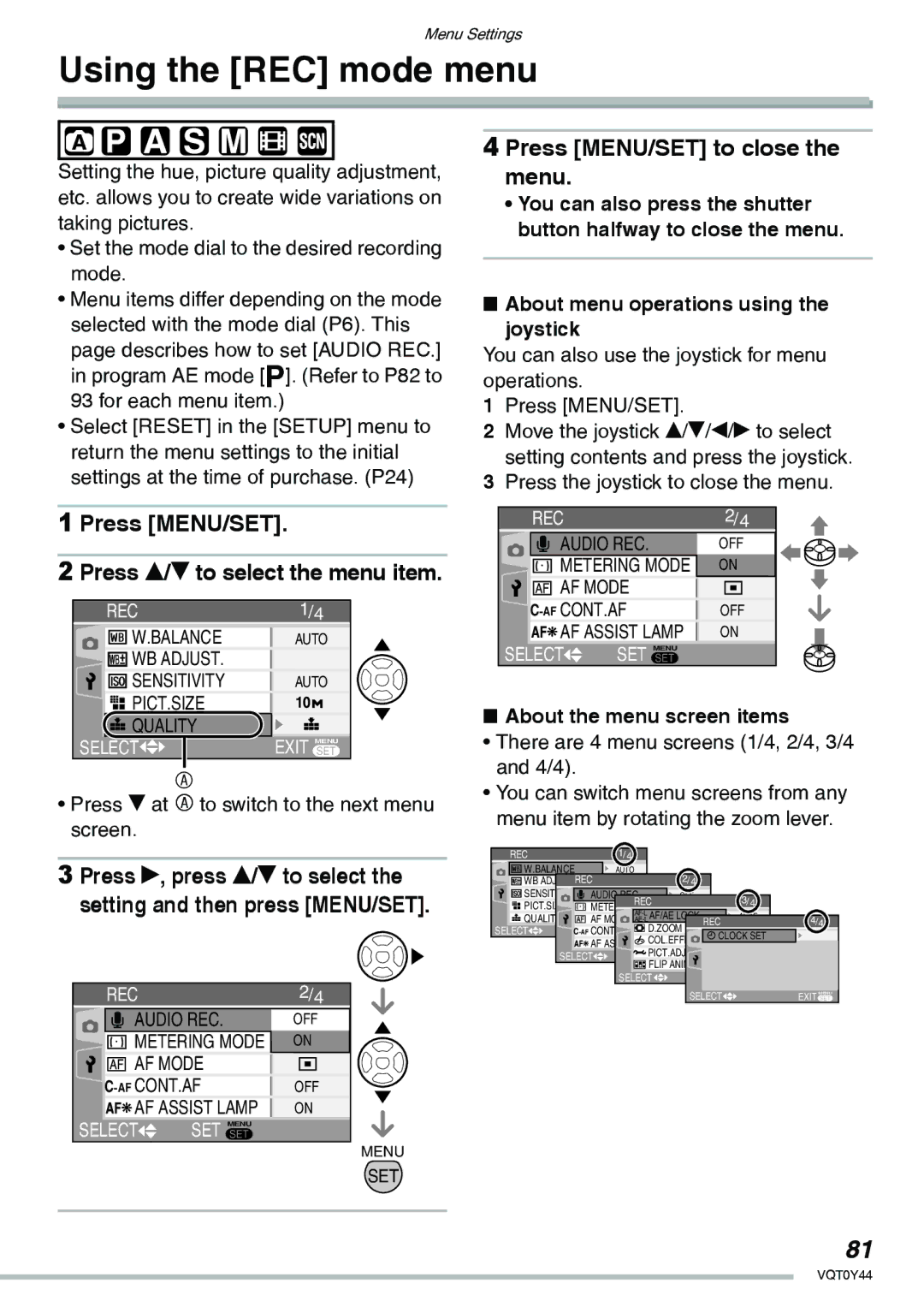 Panasonic DMC-LX2 operating instructions Using the REC mode menu, Press MENU/SET Press e/r to select the menu item 