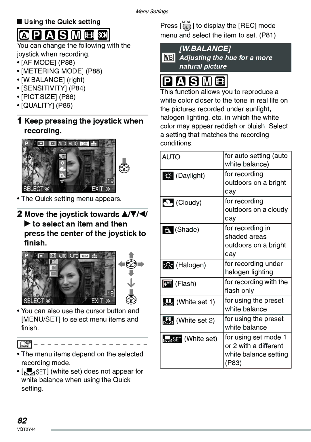 Panasonic DMC-LX2 operating instructions Keep pressing the joystick when recording, Balance, Using the Quick setting 