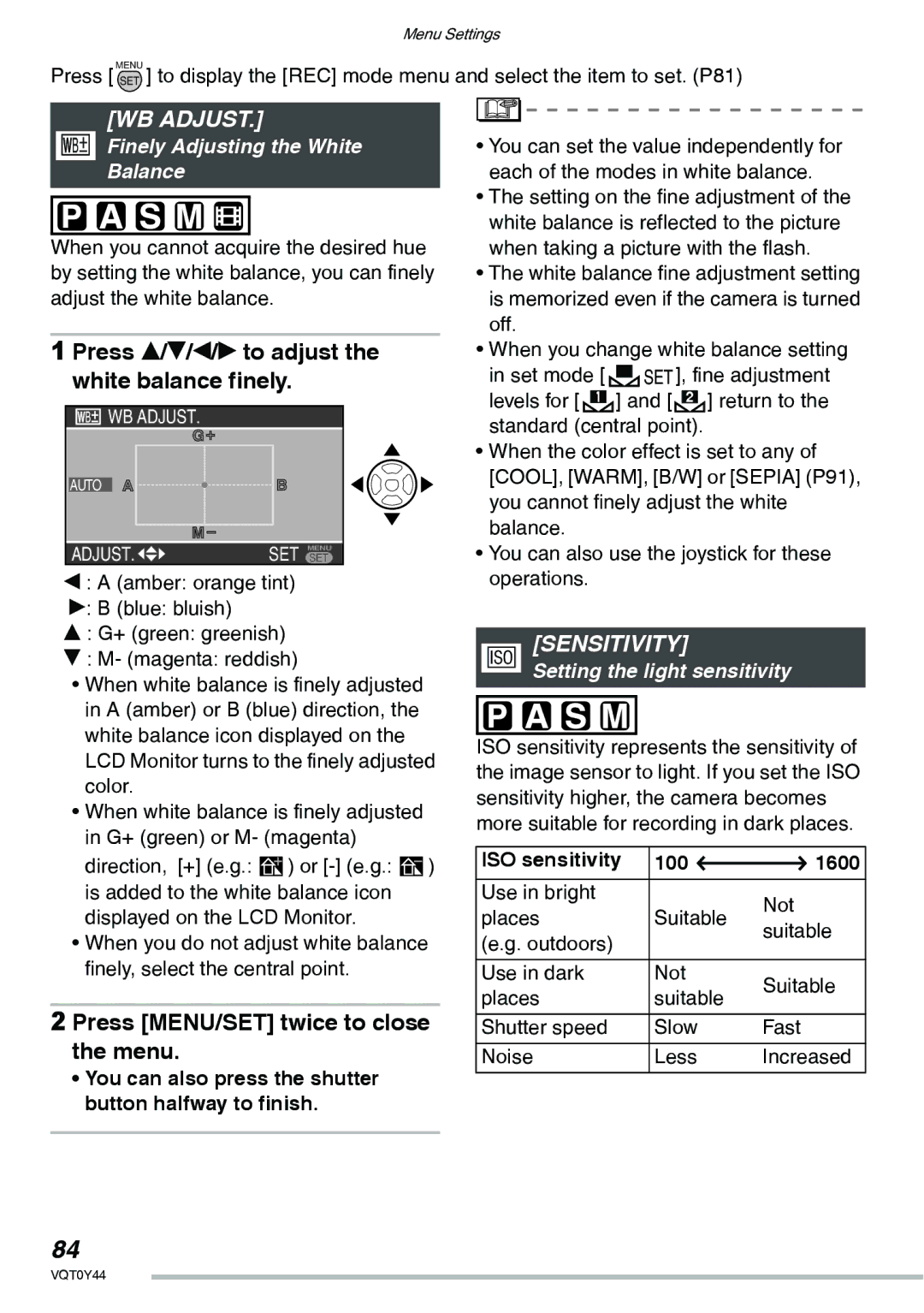 Panasonic DMC-LX2 WB Adjust, Press e/r/w/q to adjust the white balance finely, Sensitivity, Setting the light sensitivity 