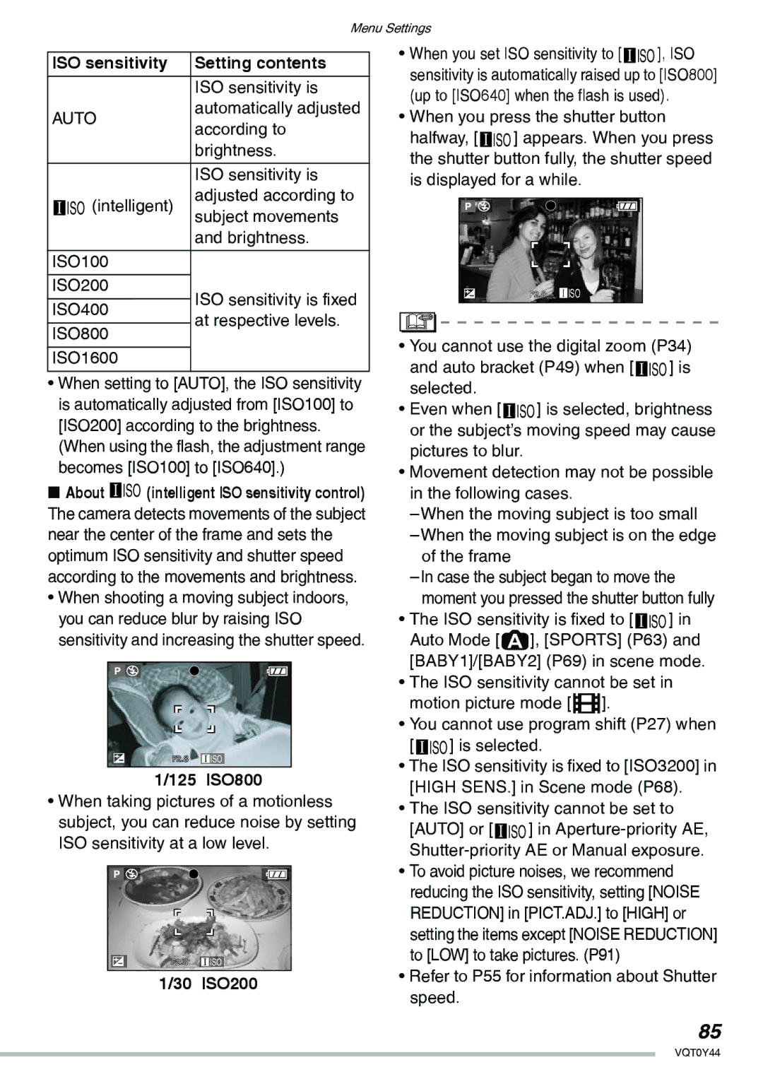 Panasonic DMC-LX2 operating instructions ISO sensitivity Setting contents, 125 ISO800, 30 ISO200 