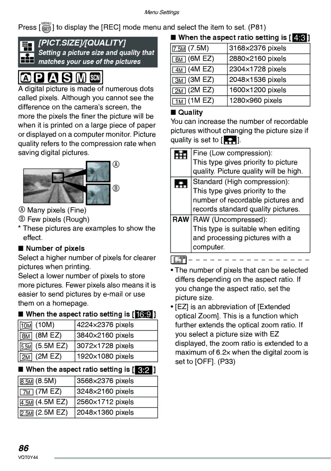 Panasonic DMC-LX2 operating instructions Pict.Size/Quality, Number of pixels, 3168×2376 pixels 