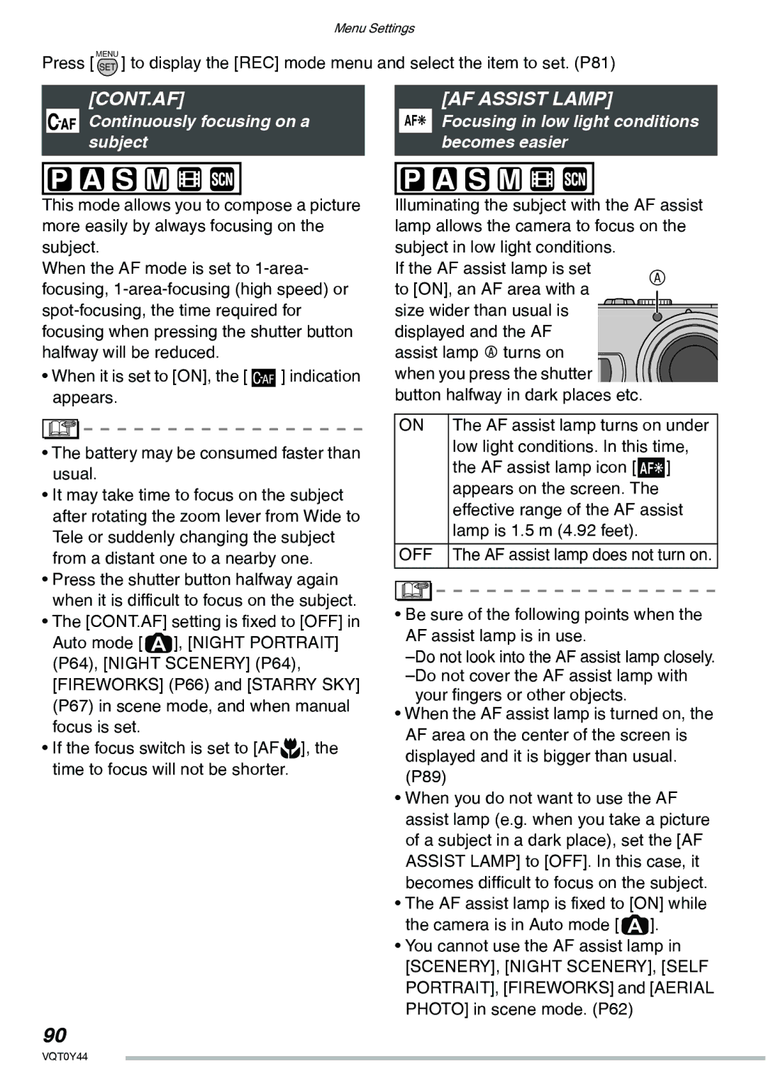 Panasonic DMC-LX2 operating instructions Cont.Af, AF Assist Lamp, Continuously focusing on a subject 