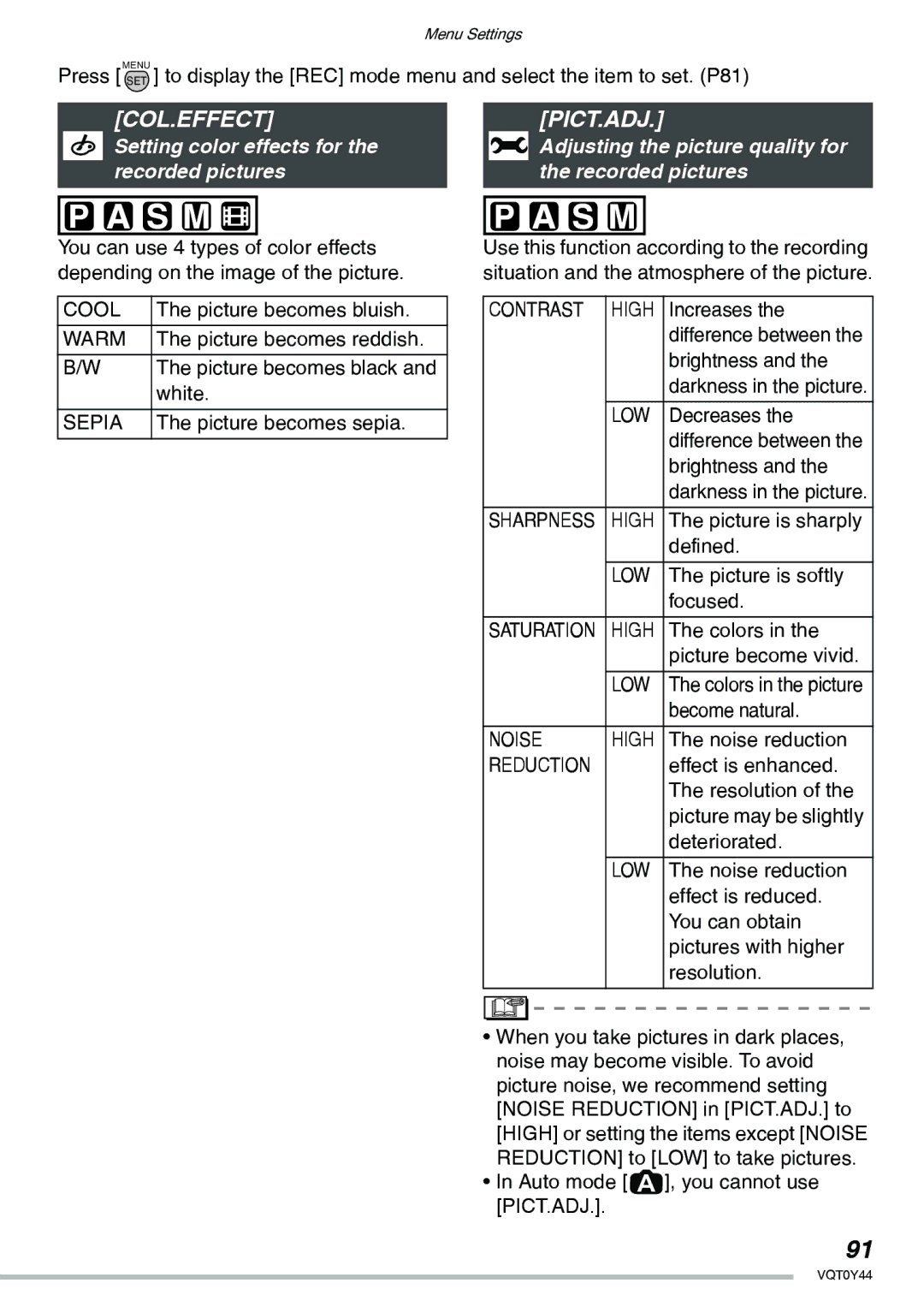 Panasonic DMC-LX2 operating instructions Col.Effect, Pict.Adj, Setting color effects for the recorded pictures 