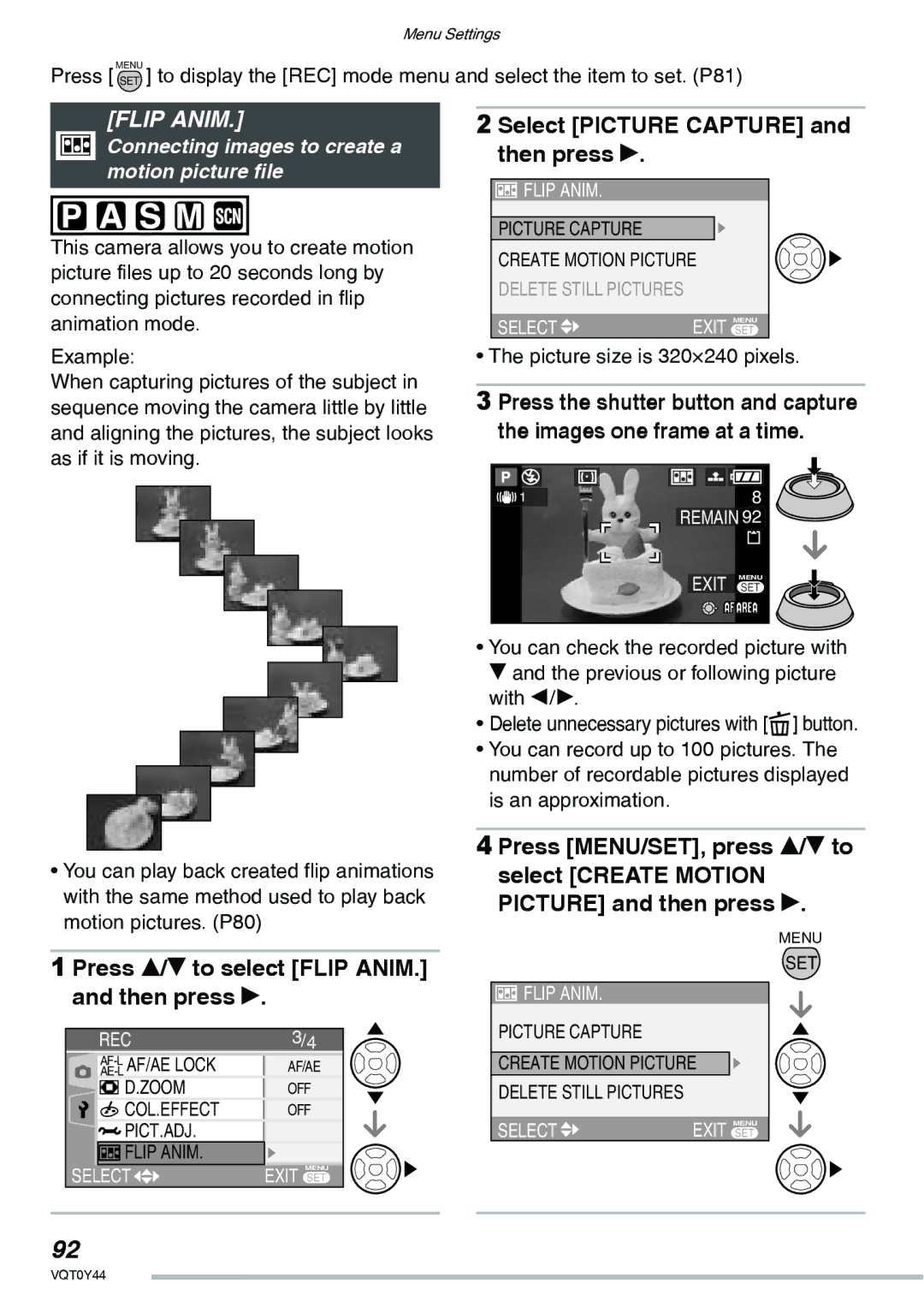 Panasonic DMC-LX2 Flip Anim, Press e/r to select Flip ANIM. and then press q, Select Picture Capture and then press q 