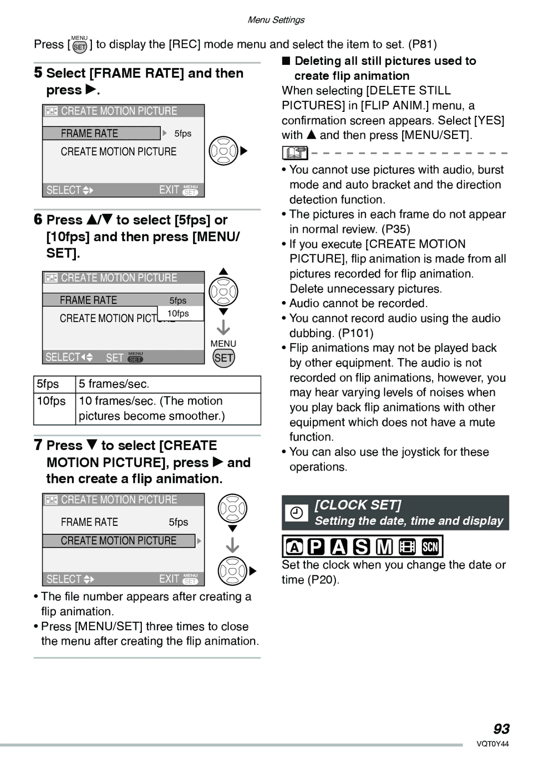 Panasonic DMC-LX2 Select Frame Rate and then press q, Press e/r to select 5fps or 10fps and then press MENU/ SET 