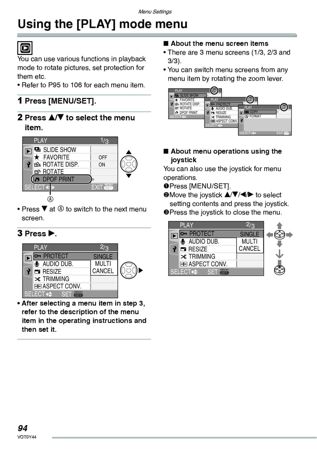 Panasonic DMC-LX2 operating instructions Using the Play mode menu, Press q, There are 3 menu screens 1/3, 2/3 and 3/3 