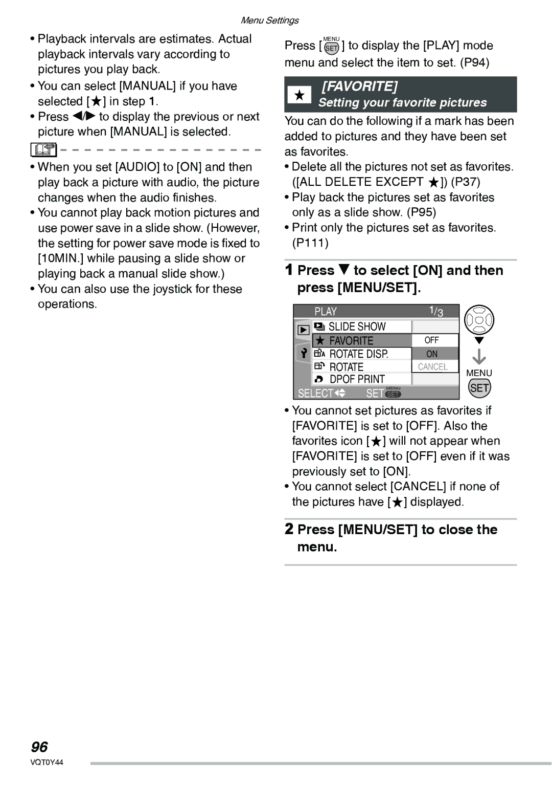 Panasonic DMC-LX2 Favorite, Press r to select on and then press MENU/SET, Setting your favorite pictures 