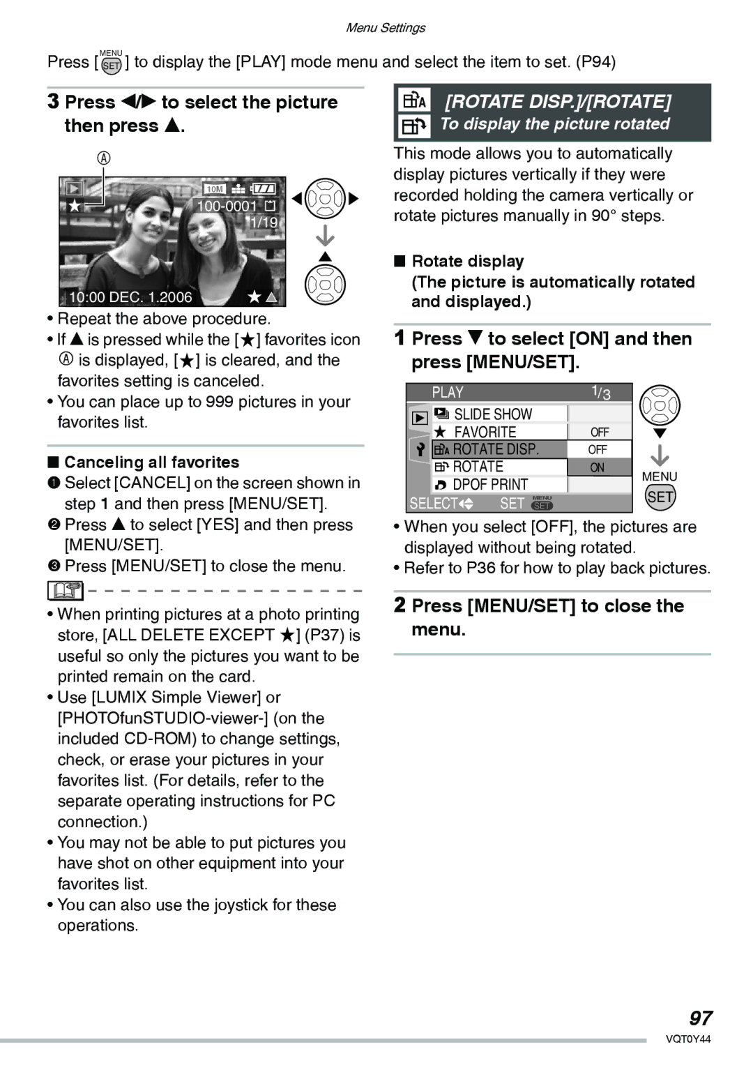 Panasonic DMC-LX2 operating instructions Press w/q to select the picture then press e, Canceling all favorites, Menu/Set 