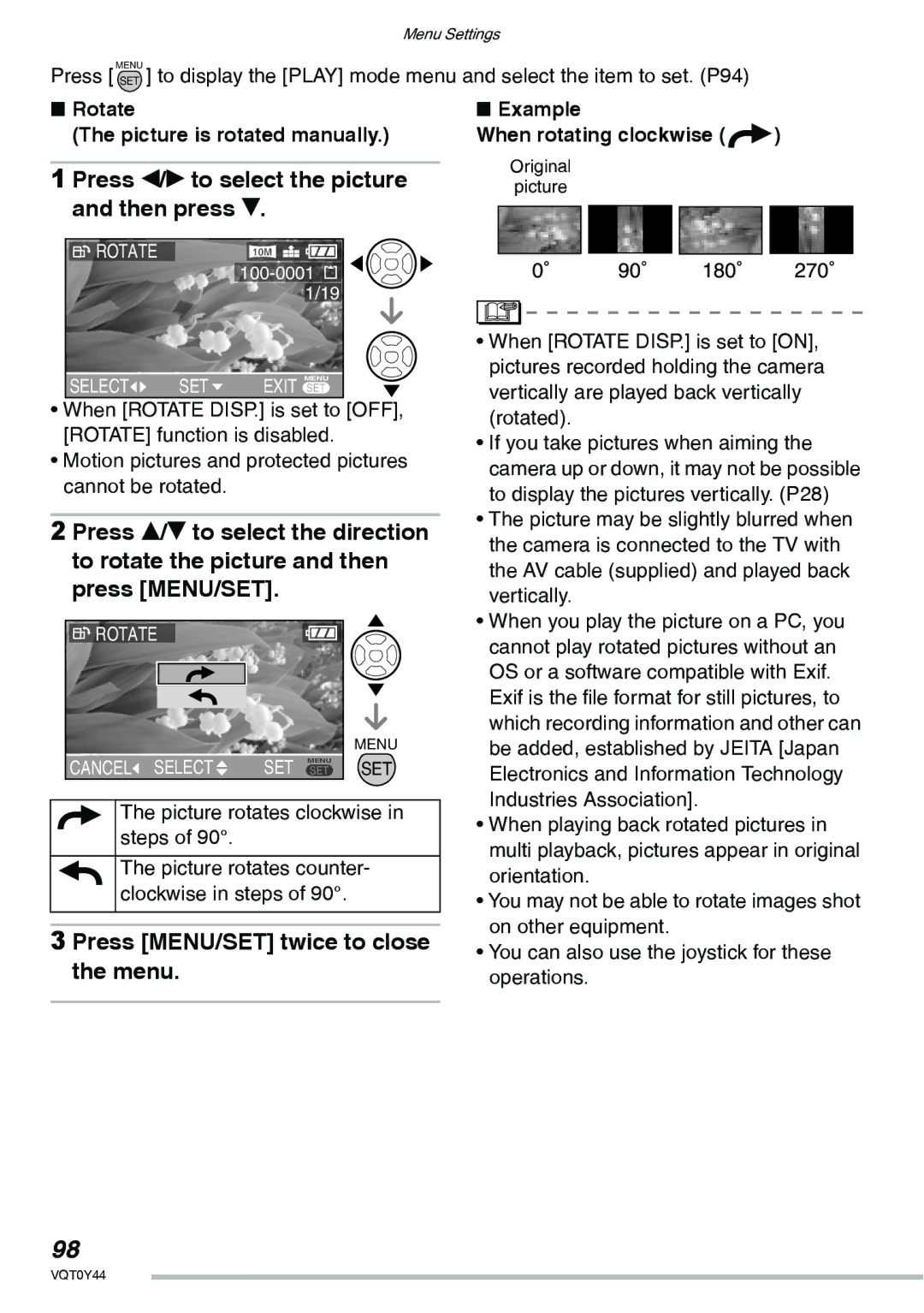 Panasonic DMC-LX2 Press w/q to select the picture and then press r, Rotate Picture is rotated manually 