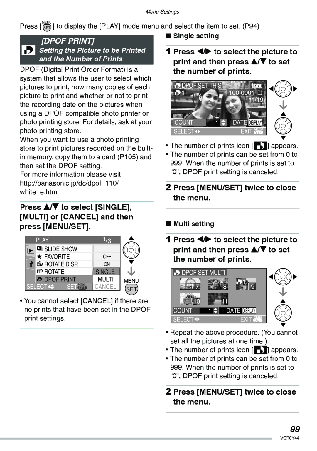 Panasonic DMC-LX2 operating instructions Dpof Print, Single setting, Multi setting 