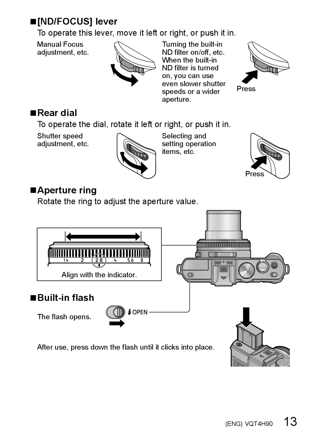 Panasonic DMC-LX7K owner manual ND/FOCUS lever, Rear dial, Aperture ring, Built-in flash 