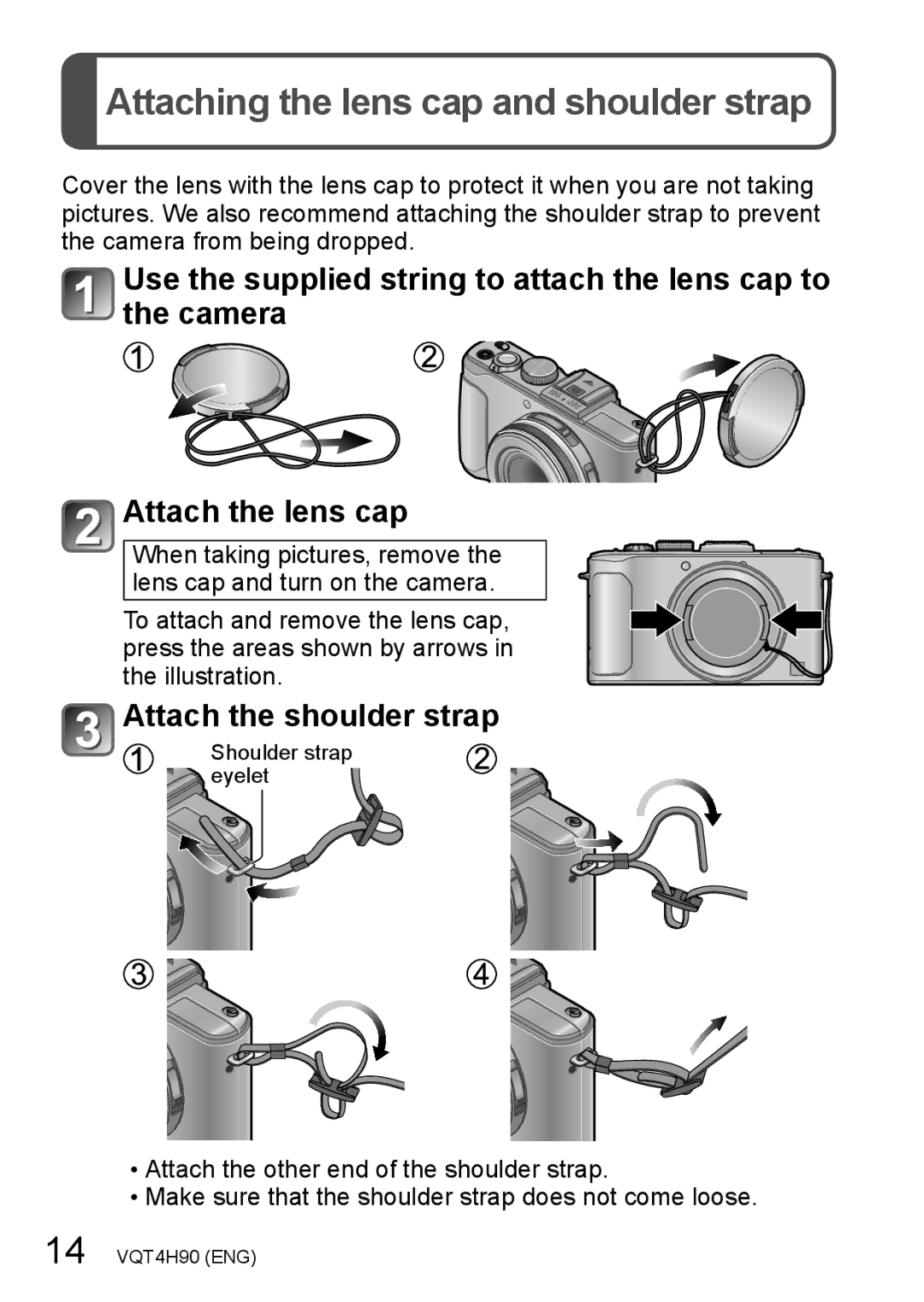 Panasonic DMC-LX7K owner manual Attaching the lens cap and shoulder strap, Attach the shoulder strap 