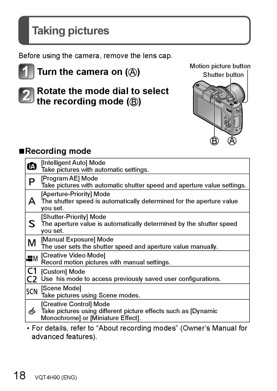 Panasonic DMC-LX7K owner manual Taking pictures, Recording mode 