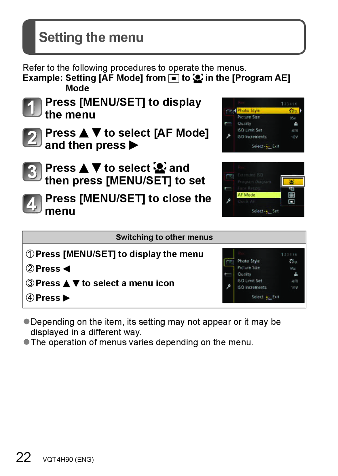 Panasonic DMC-LX7K owner manual Setting the menu, Example Setting AF Mode from to in the Program AE Mode 