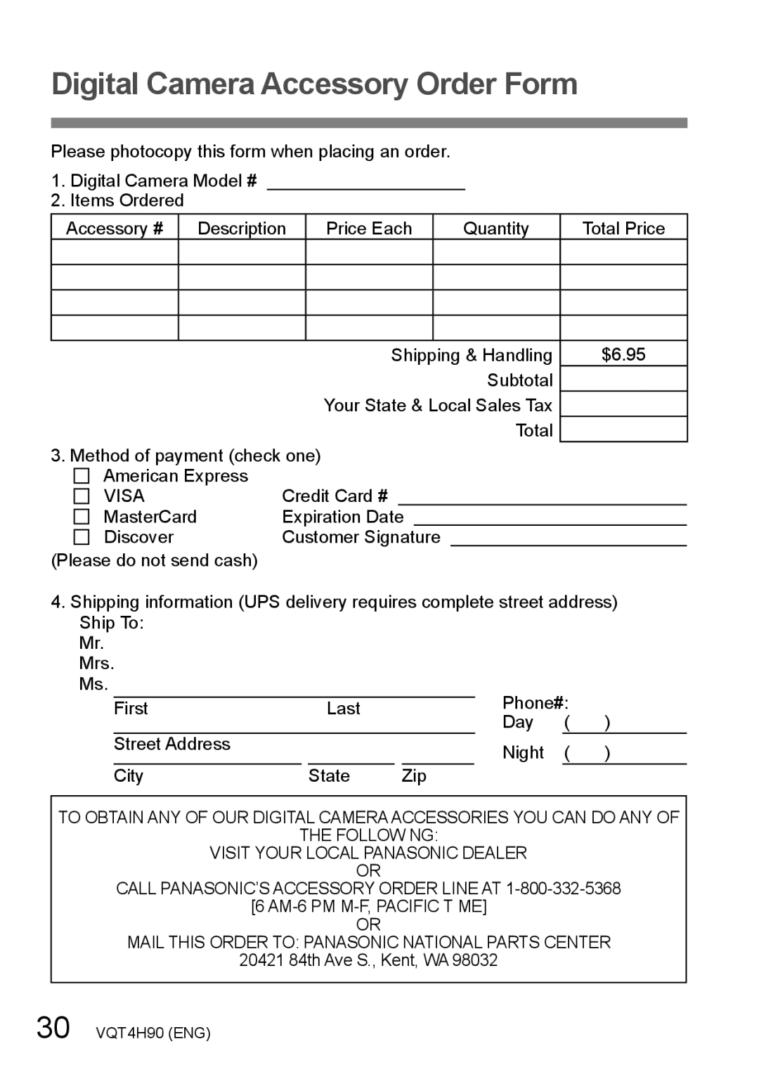 Panasonic DMC-LX7K owner manual Digital Camera Accessory Order Form, Visa 