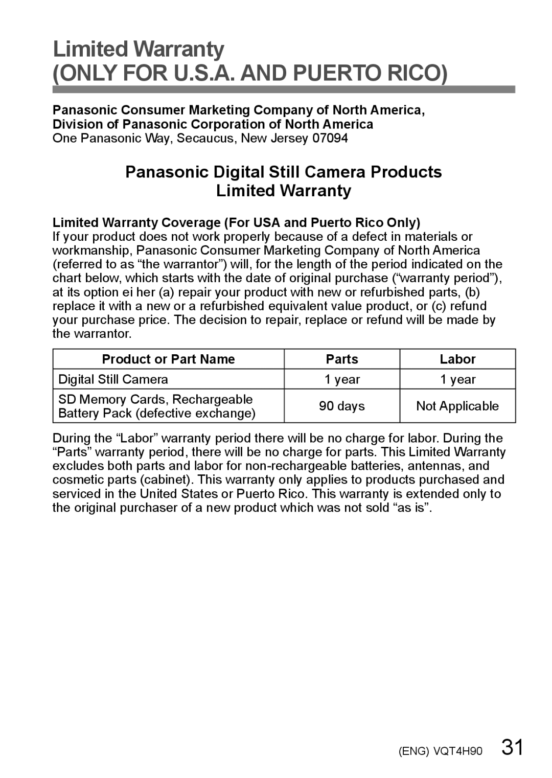 Panasonic DMC-LX7K owner manual Panasonic Digital Still Camera Products Limited Warranty 