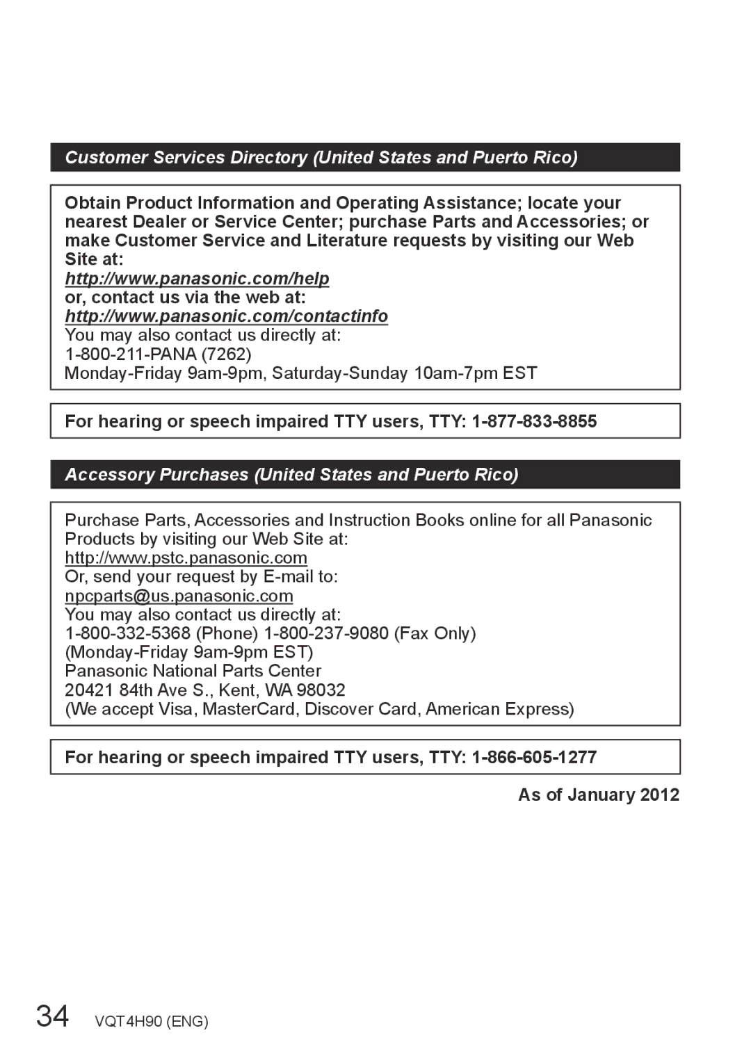 Panasonic DMC-LX7K owner manual Customer Services Directory United States and Puerto Rico 