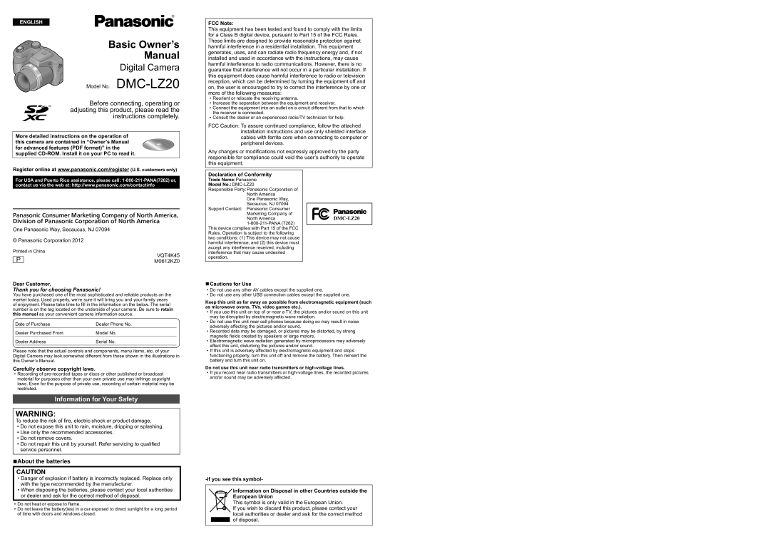 Panasonic DMC-LZ20 specifications About the batteries, FCC Note, Declaration of Conformity, Dear Customer 