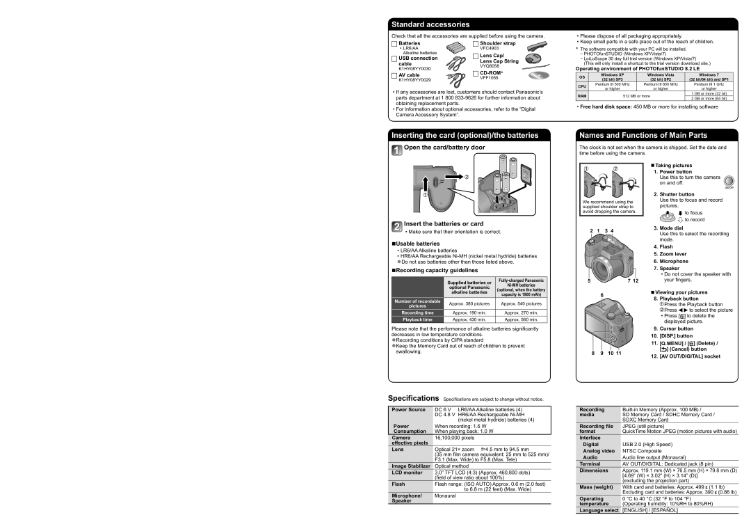 Panasonic DMC-LZ20 Standard accessories, Inserting the card optional/the batteries, Names and Functions of Main Parts 