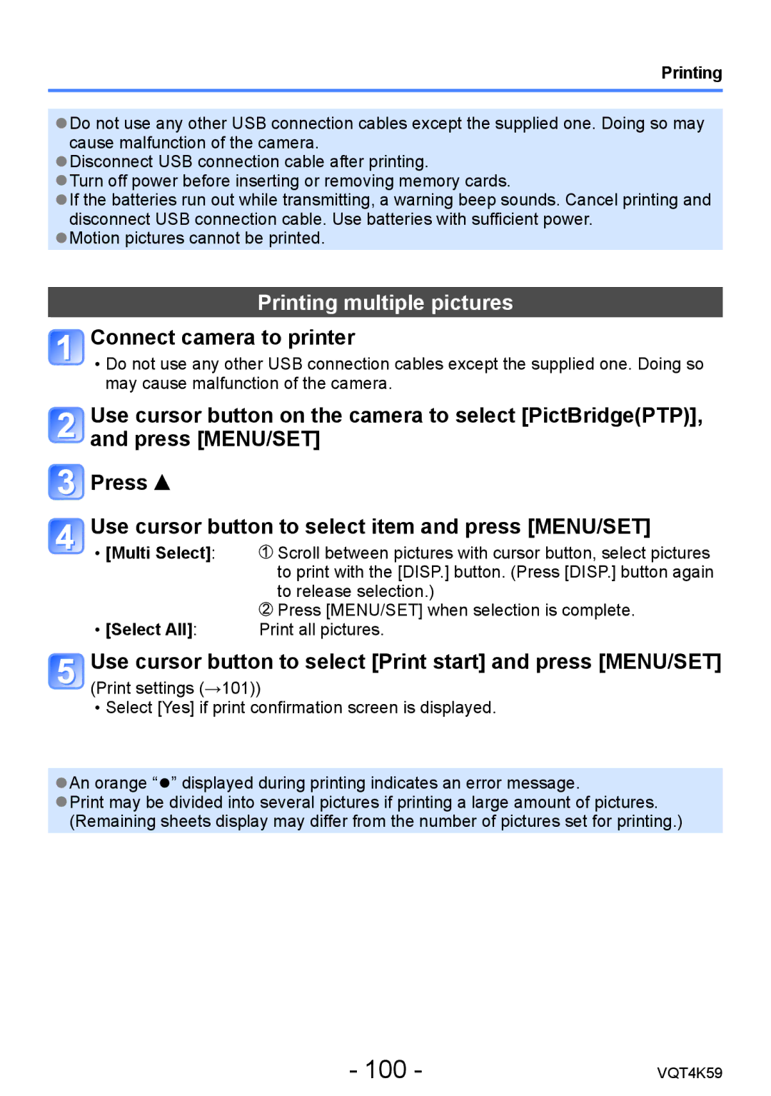 Panasonic DMC-LZ20 owner manual 100, Printing multiple pictures, Multi Select, Select All 