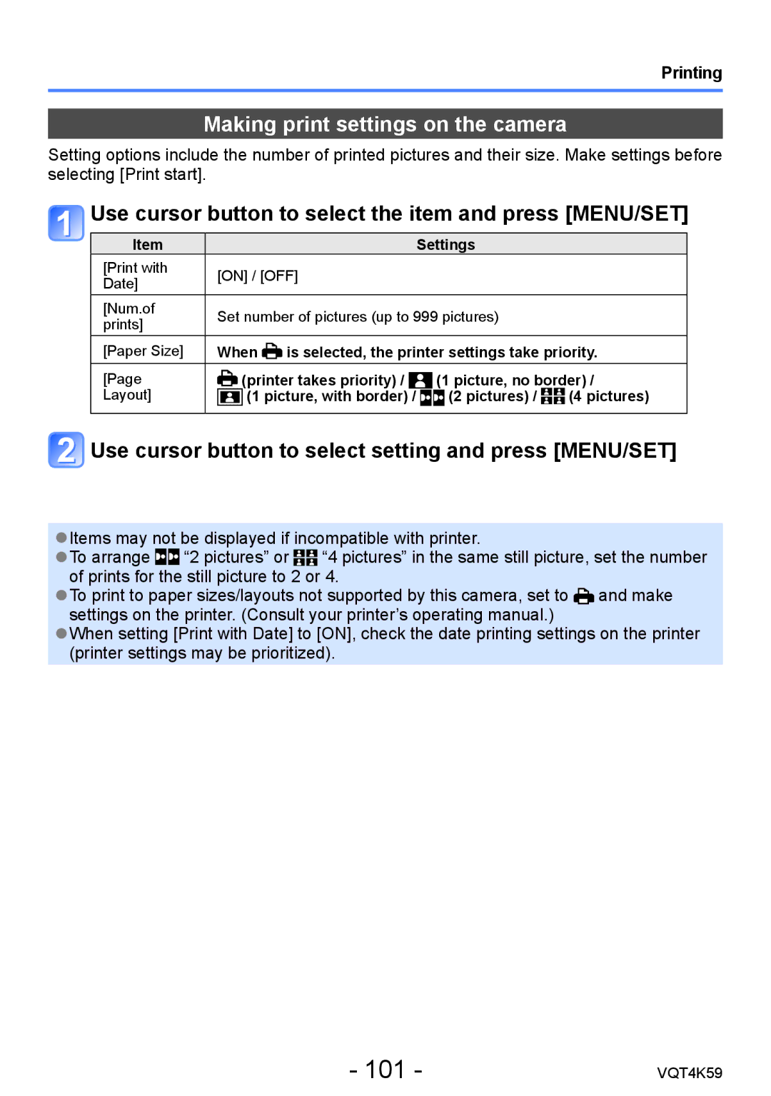 Panasonic DMC-LZ20 101, Making print settings on the camera, Use cursor button to select the item and press MENU/SET 