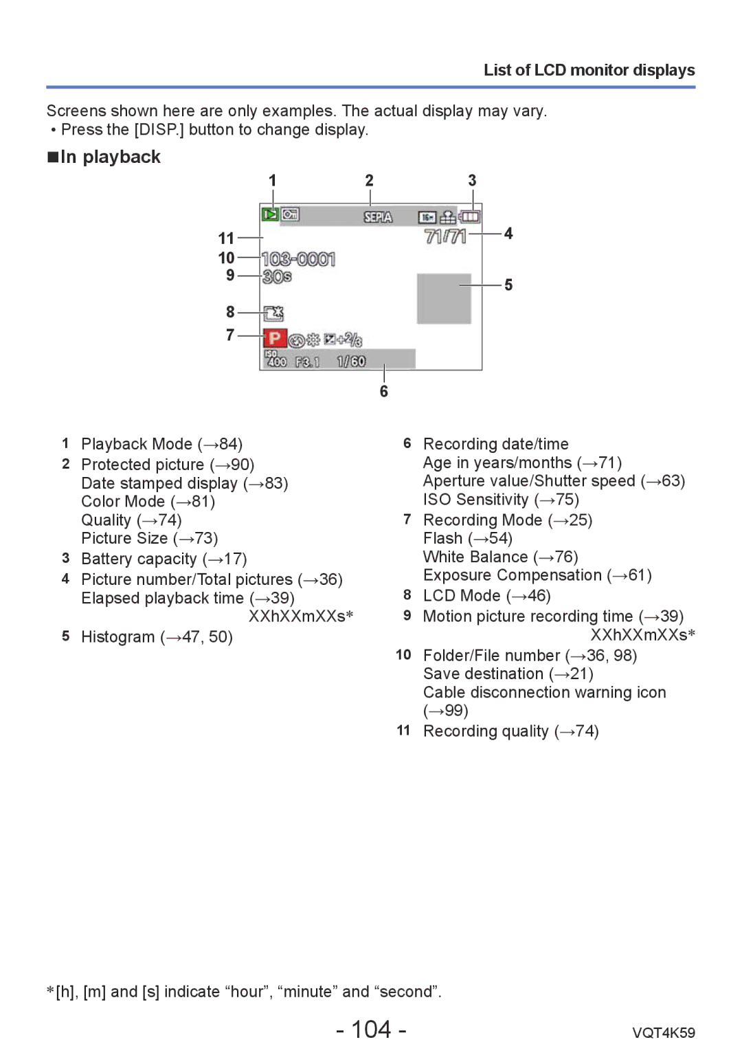 Panasonic DMC-LZ20 owner manual 104, Playback, List of LCD monitor displays 